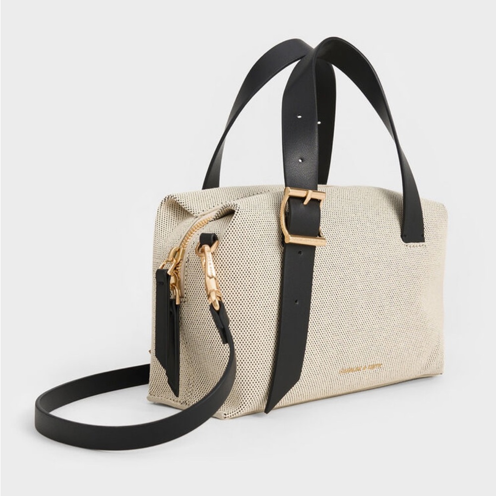 Charles & Keith Elegant Black and Cream canvas Satchel with shoulder strap - Picture 2 of 8